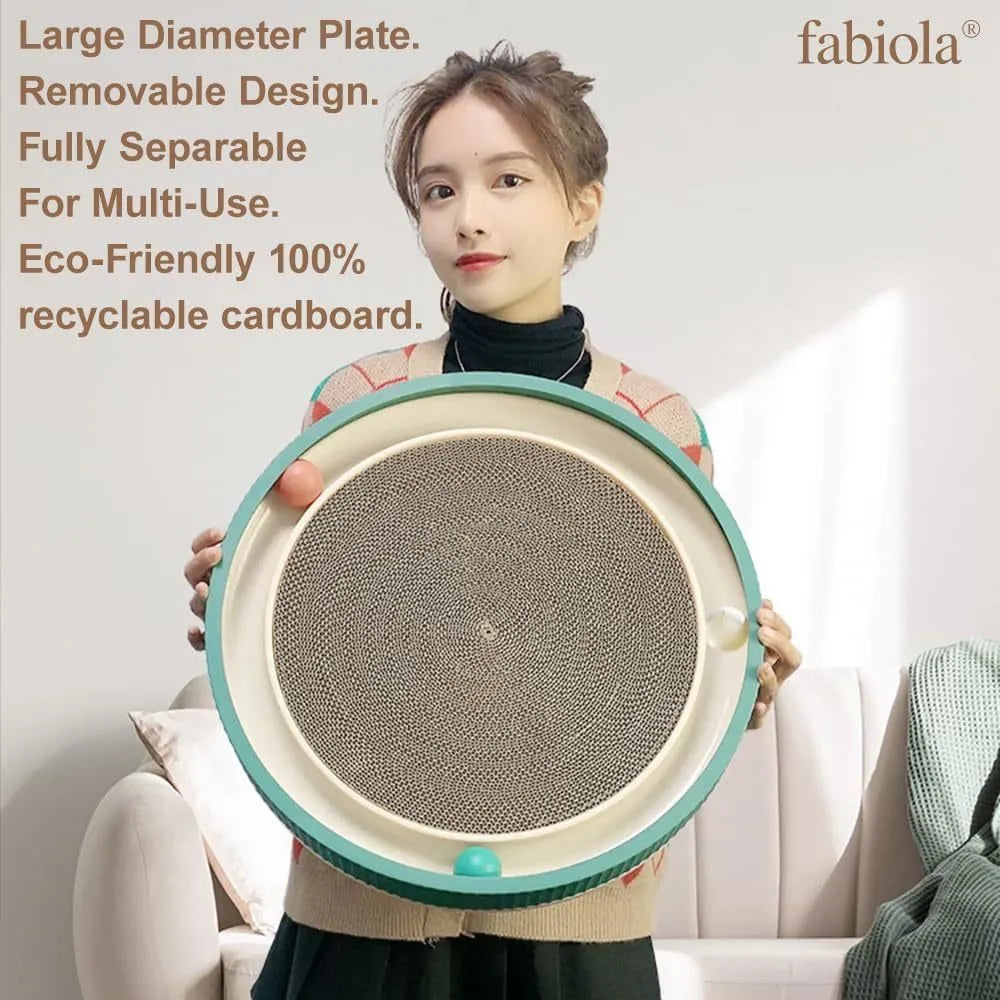Large circular cat scratching board with integrated ball toys measuring 45cm diameter