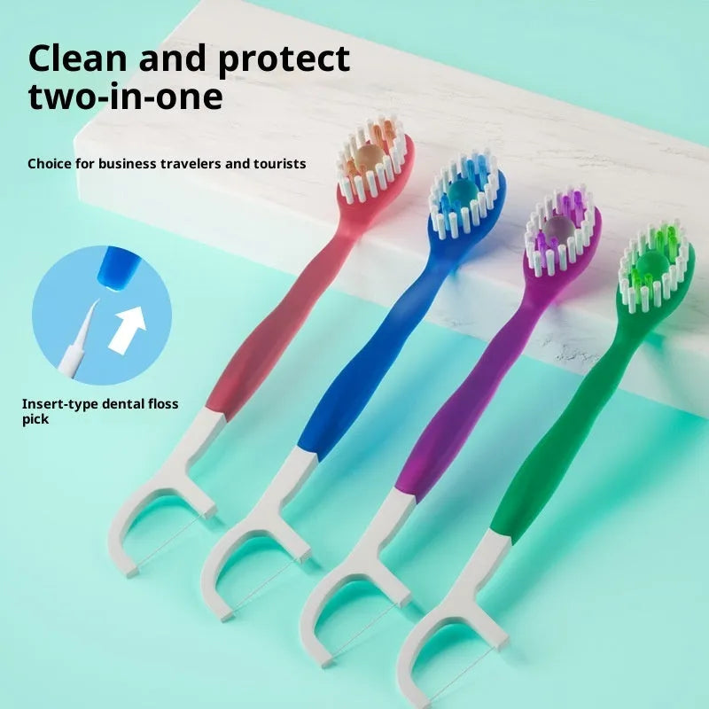 Disposable portable soft-bristle floss bead toothbrush in adult size with English packaging, 8-piece pack