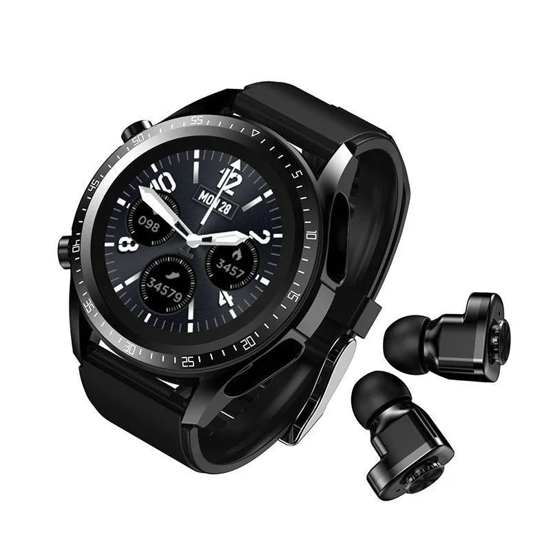 Black smart watch with blood pressure and oxygen monitoring on a silicone wrist strap.
