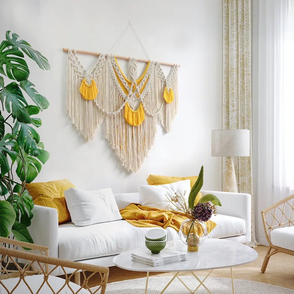 Creamy white cotton woven tapestry with Nordic design measuring 120cm by 95cm