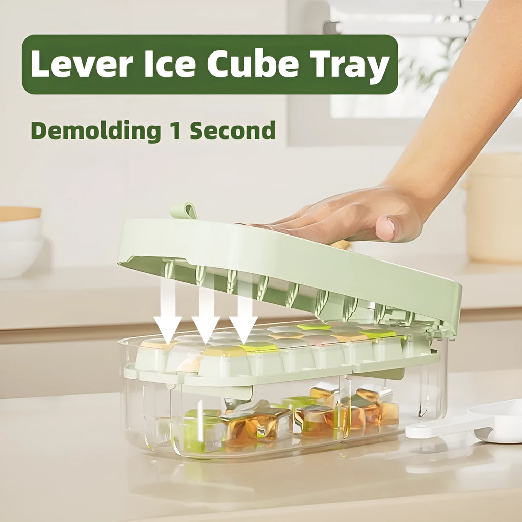 High capacity food grade plastic ice cube tray in blue with an ice shovel stored in its dedicated slot.