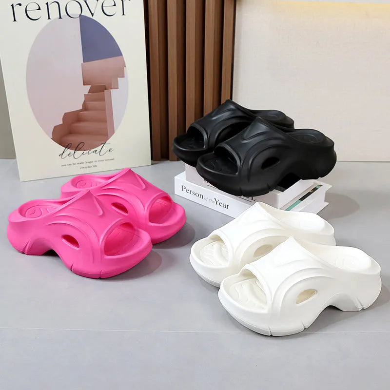 Women's thick-soled EVA outdoor fashion slippers in black, white, and rose red colour options
