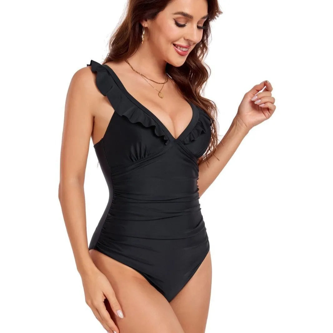 Black V-neck lace backless one-piece swimsuit with nylon fabric and polyester lining