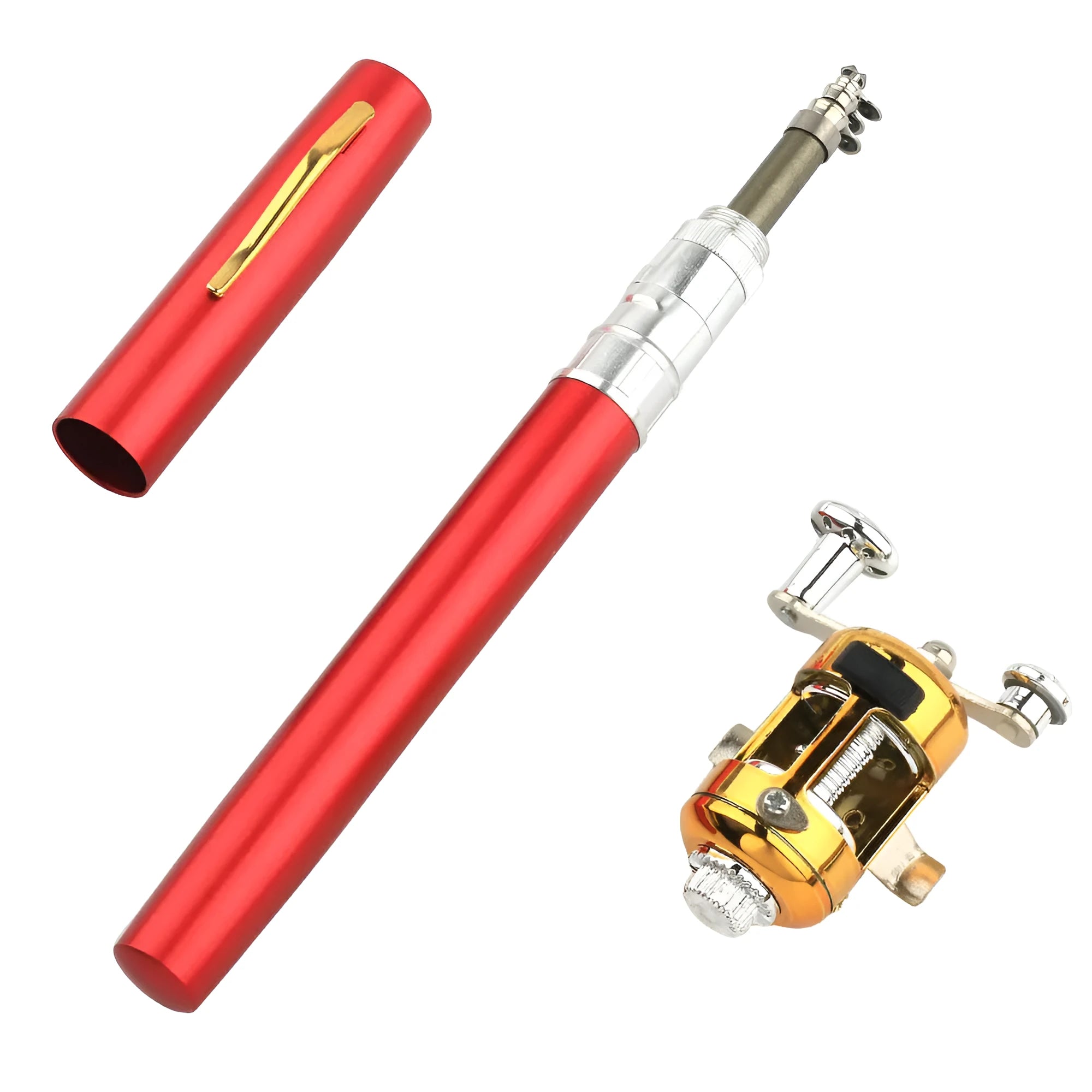 Telescopic pocket fishing rod kit shown collapsed in aluminium case and extended to 1m with ST5RL reel attached.