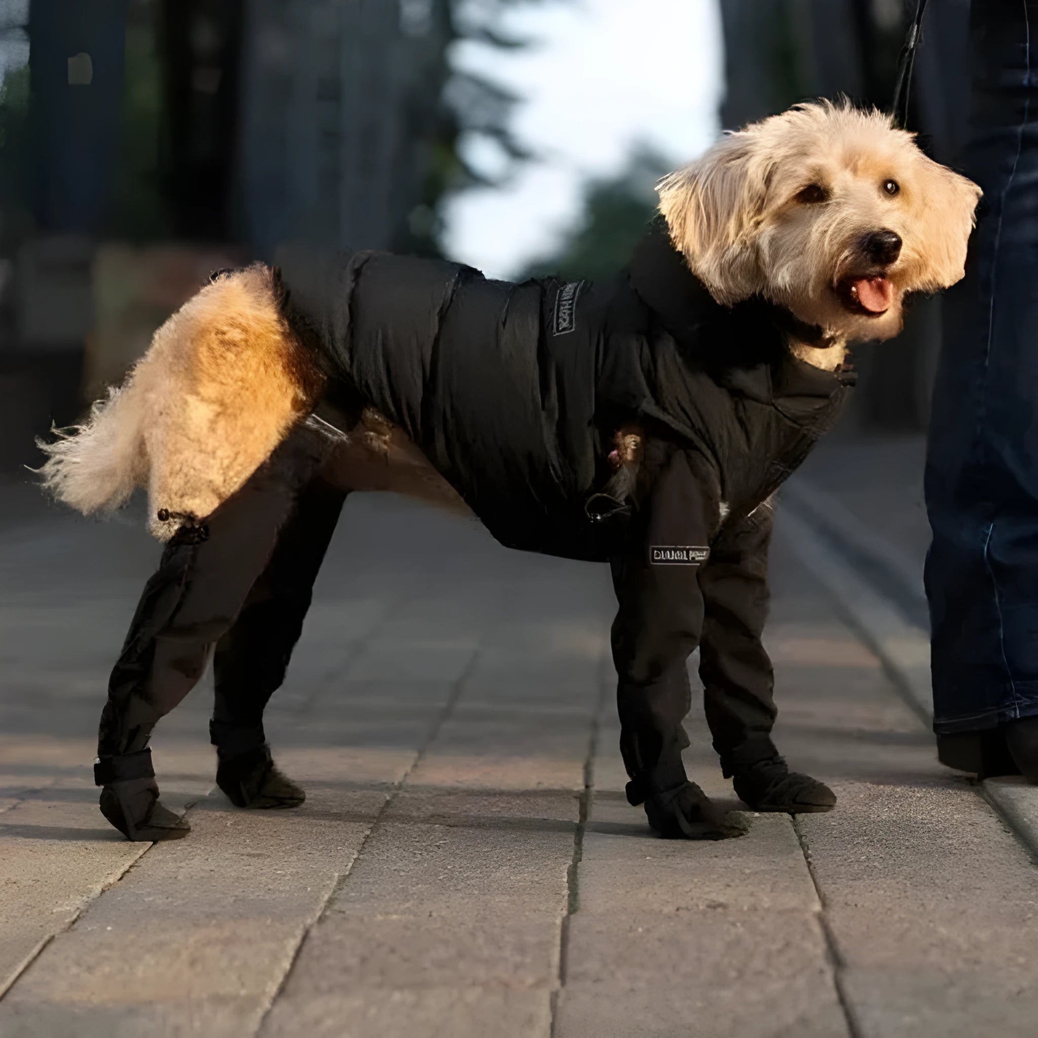 Black waterproof non-slip dog shoes with adjustable straps in sizes XS S M L XL XXL