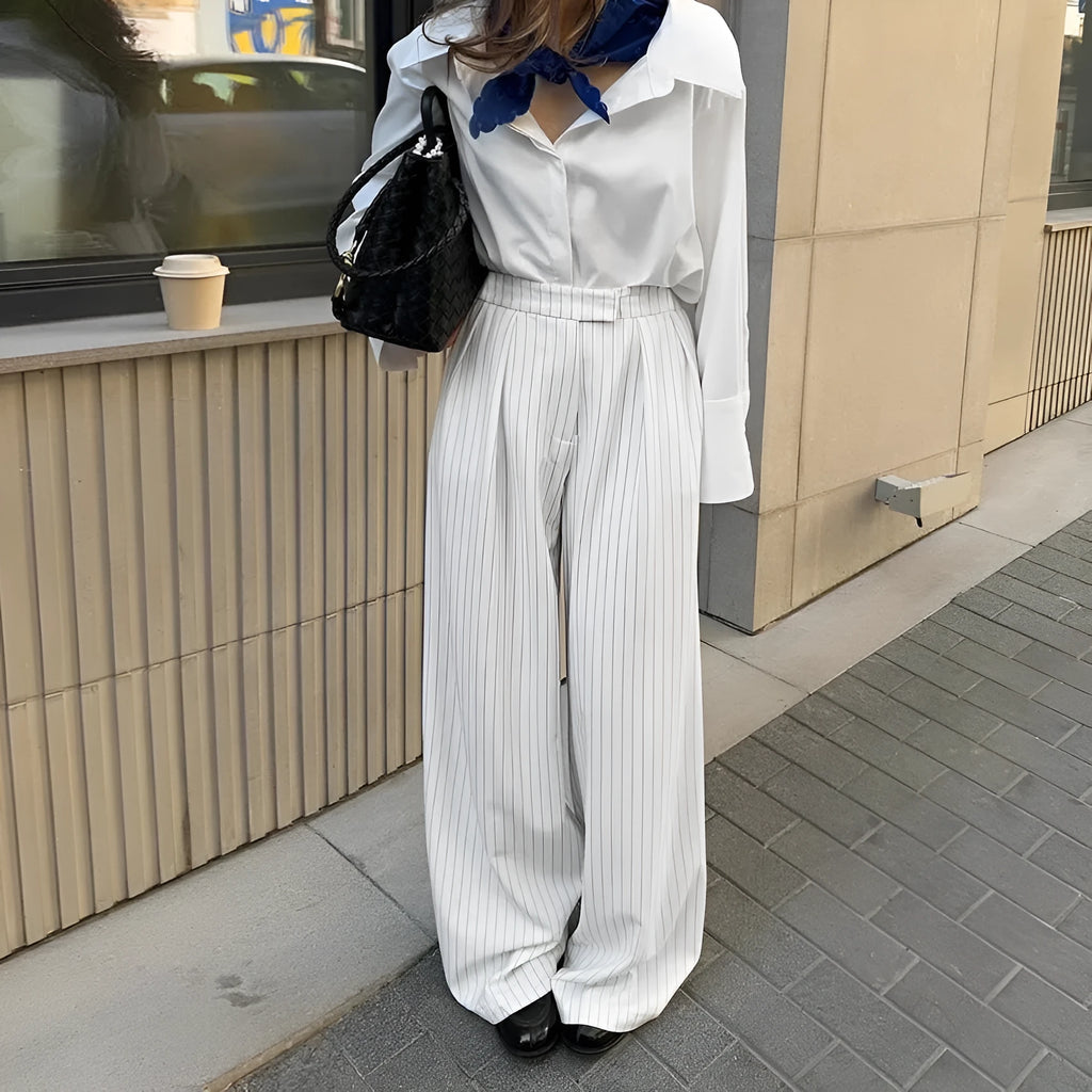 White striped wide-leg loose casual trousers for women with zipper styling