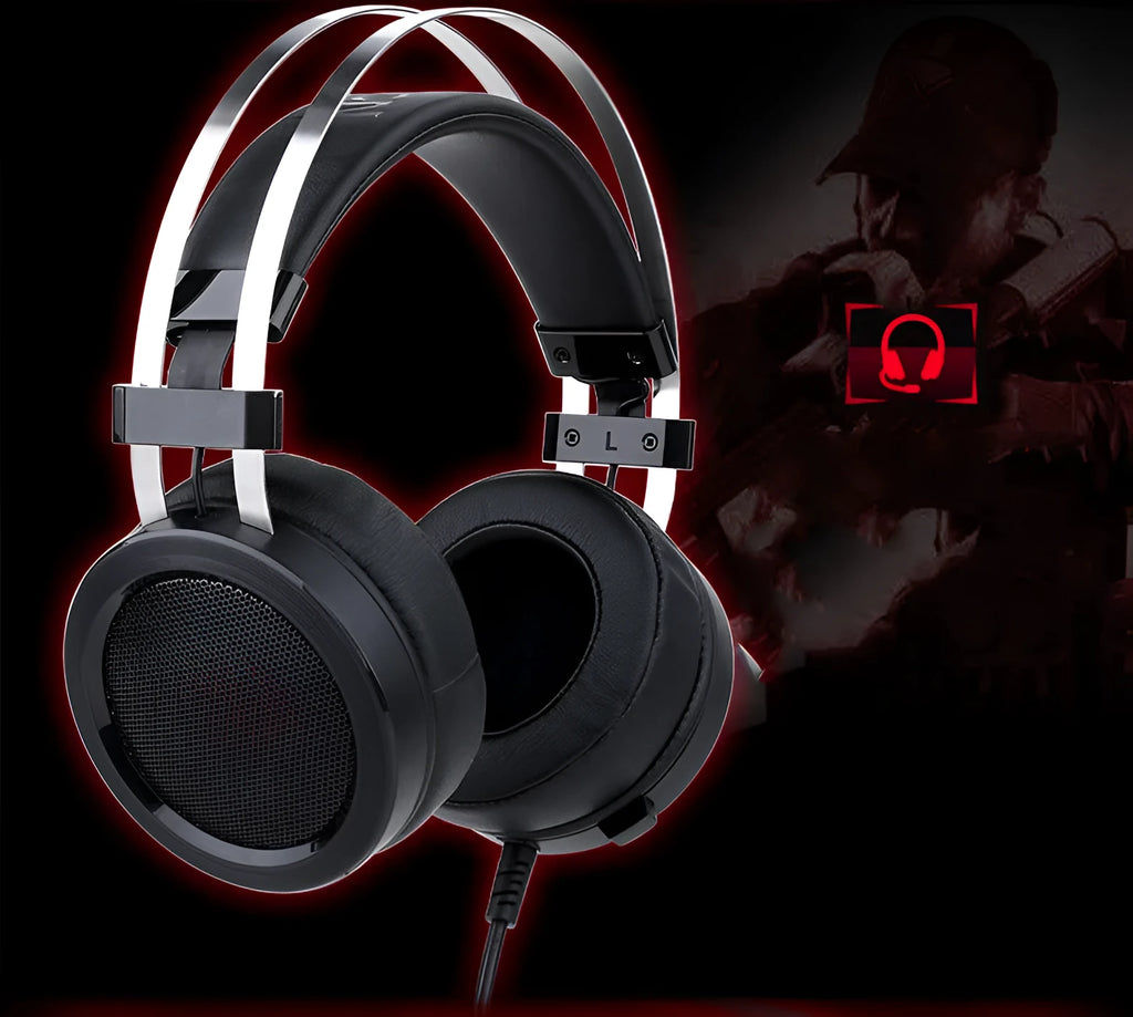 Black wired computer gaming headset with 2-metre cable showing 3.5mm connector for PC gaming