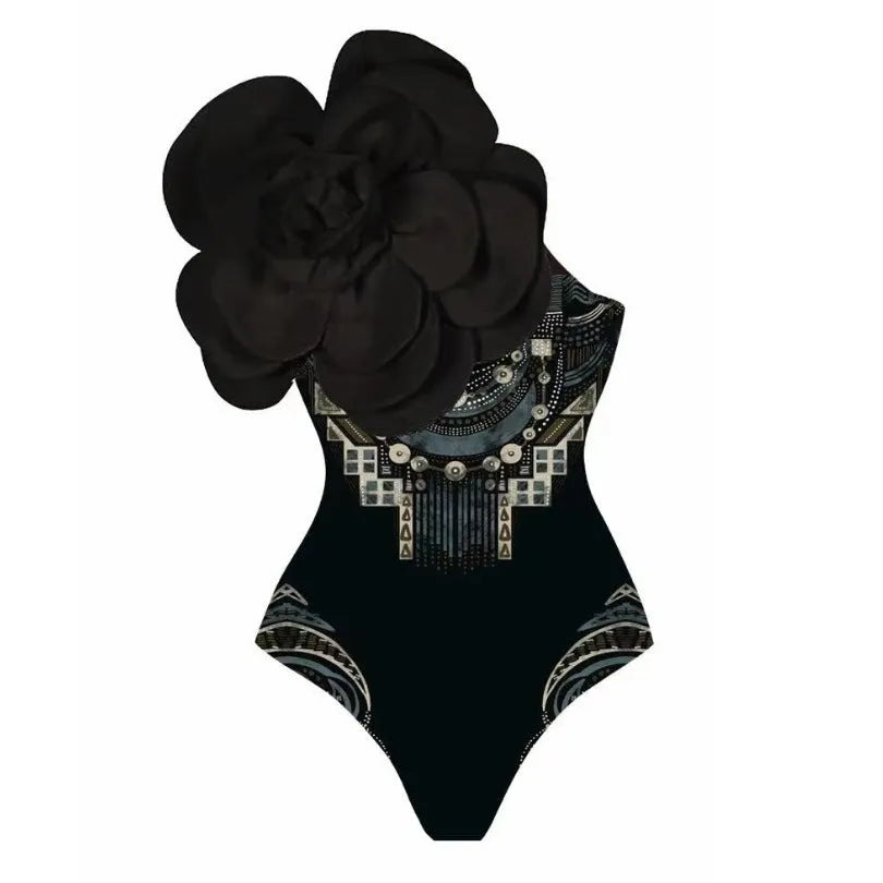 Women's floral print one-piece swimsuit set with wrapped skirt in polyester fabric