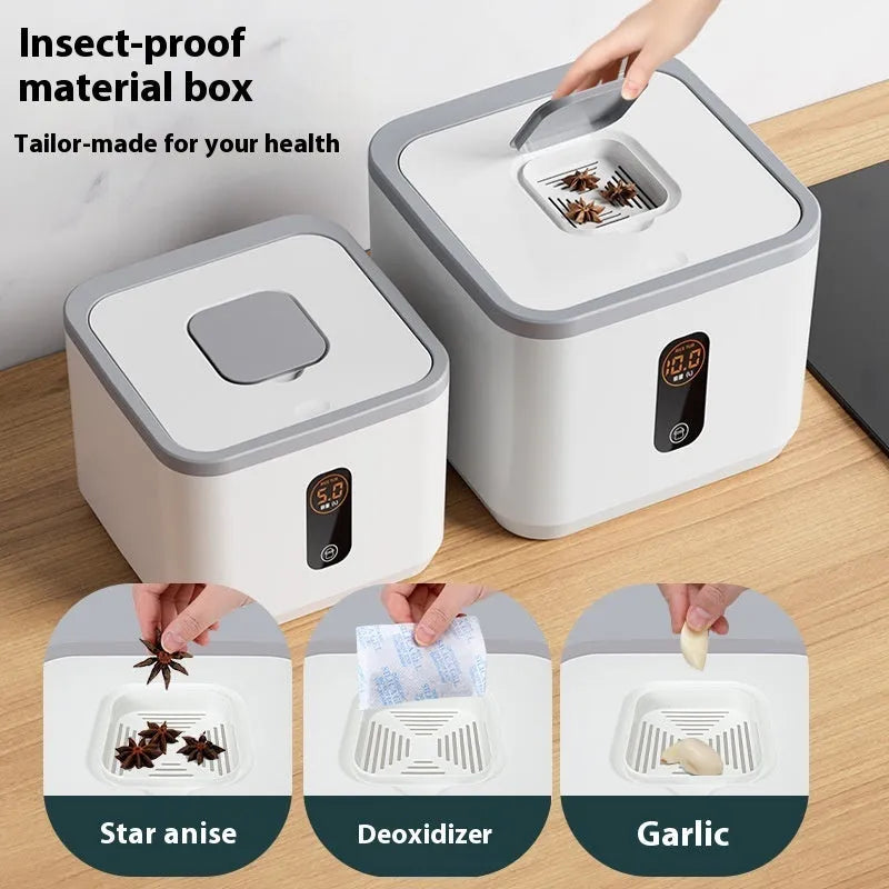 Grey plastic rice storage jar with sealed lid for insect and moisture protection