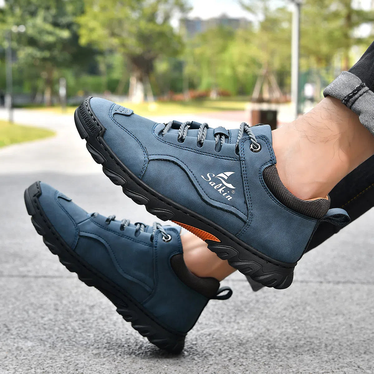 Flat lace-up casual hiking shoes in beige with PU upper, rubber sole, and round toe