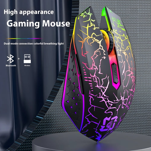 Black or white wireless gaming mouse with breathing light, 2.4G Bluetooth dual-mode, silent click, rechargeable, 132x72.3x42mm dimensions