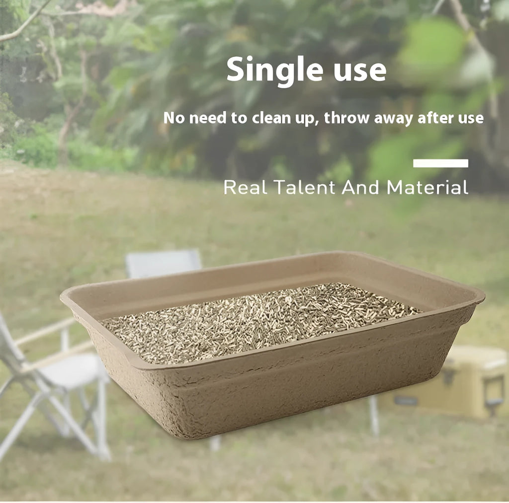 Brown disposable cat litter box showing its waterproof, degradable material and one of three available sizes.