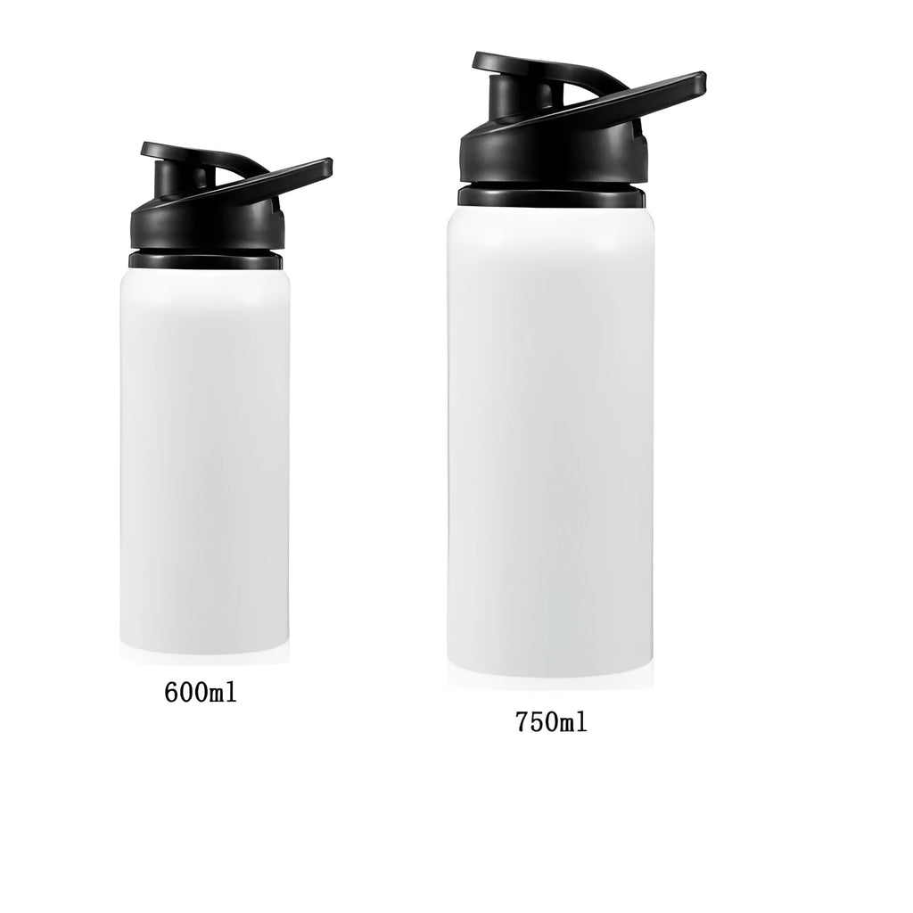 White aluminum sports water bottle for cycling available in 600ml and 750ml capacities