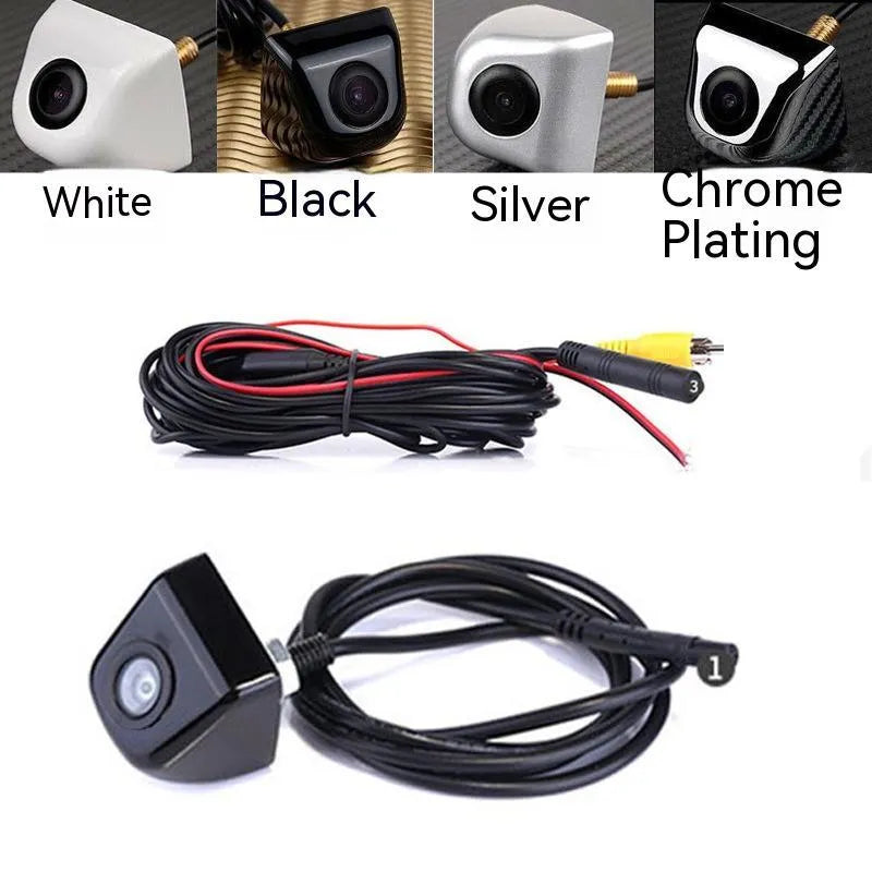 HD metal car reversing camera with screw plug-in connector in black, shown with cable and mounting screws.