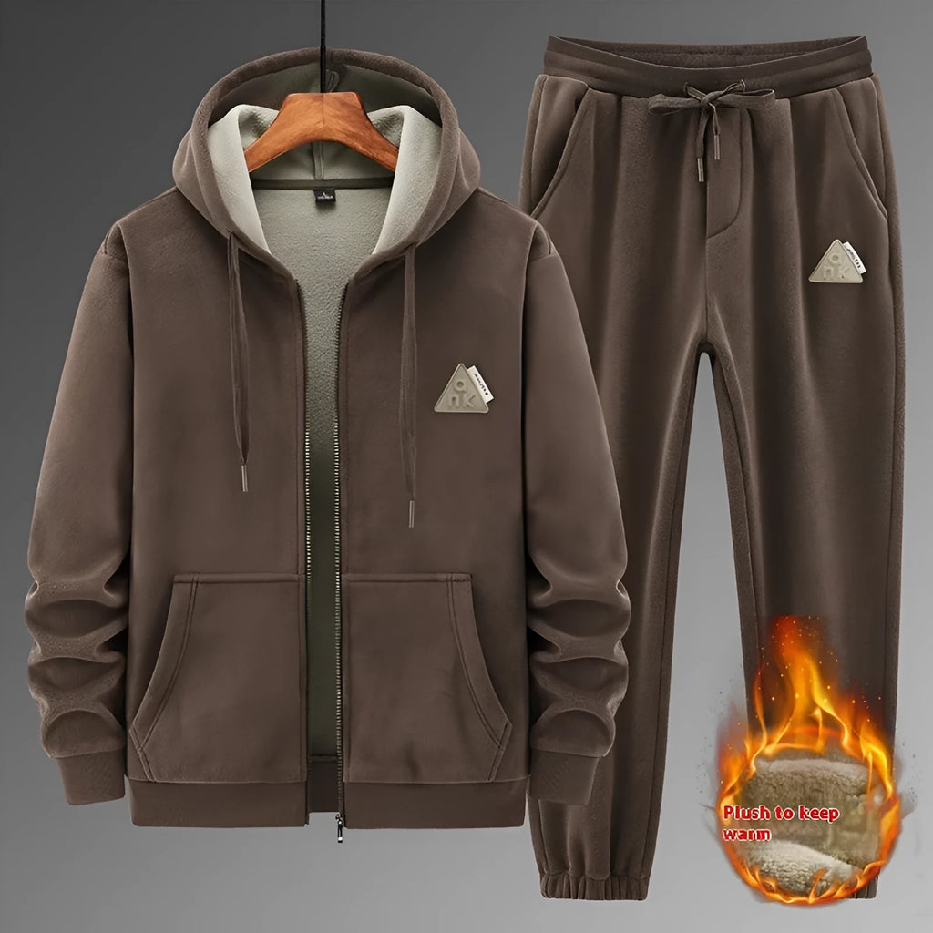 Grey cashmere hooded sweater and cotton pants casual sports suit set laid flat.