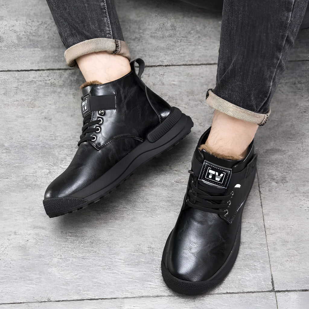 Black Martin high-top platform boots with velvet artificial PU upper and rubber sole