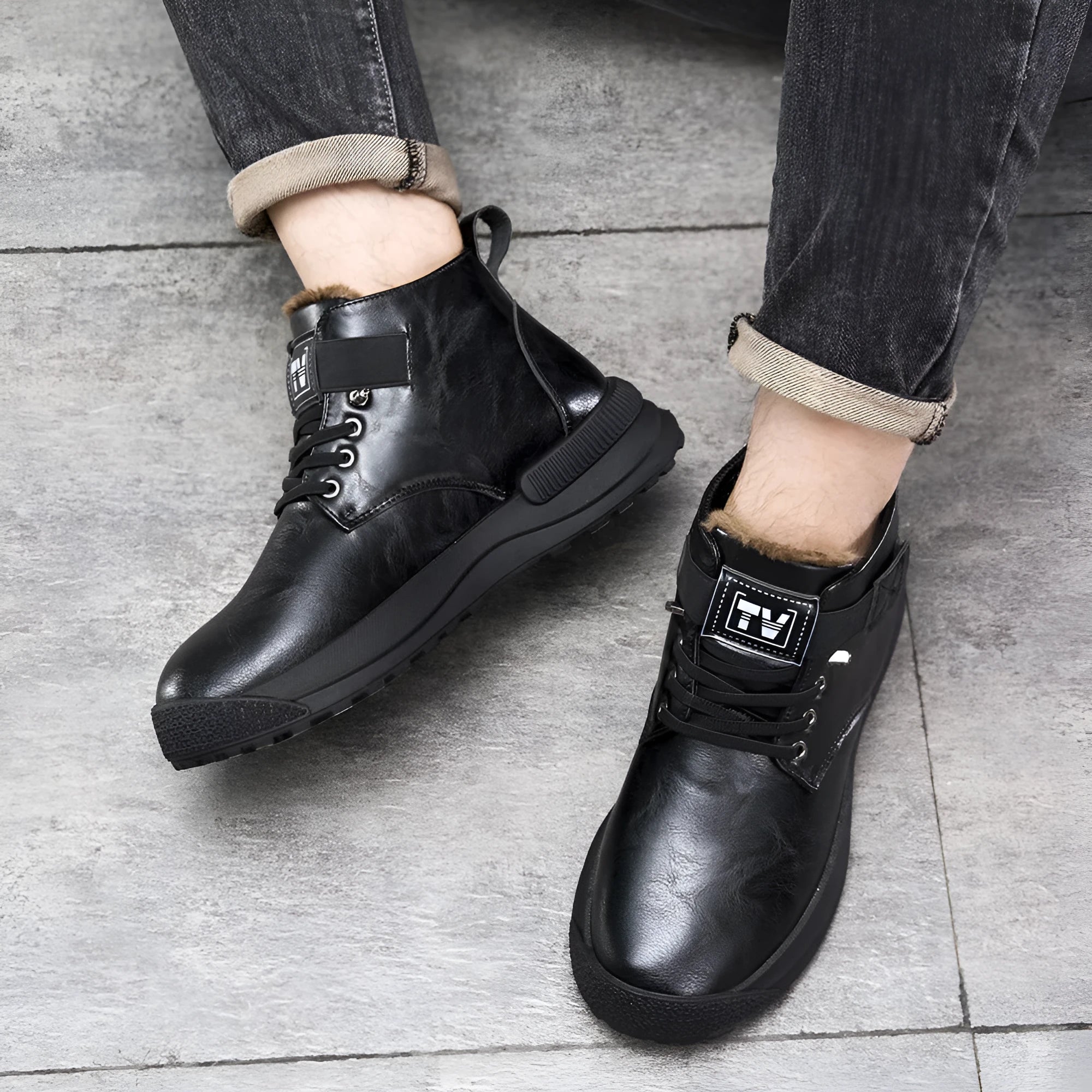 Black Martin high-top platform boots with velvet artificial PU upper and rubber sole
