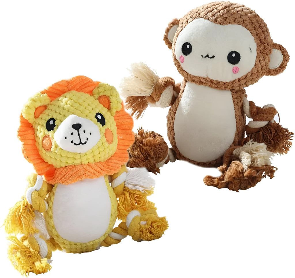 Lion and monkey plush squeaky dog toys bundle showing measured dimensions for medium to large breed dogs