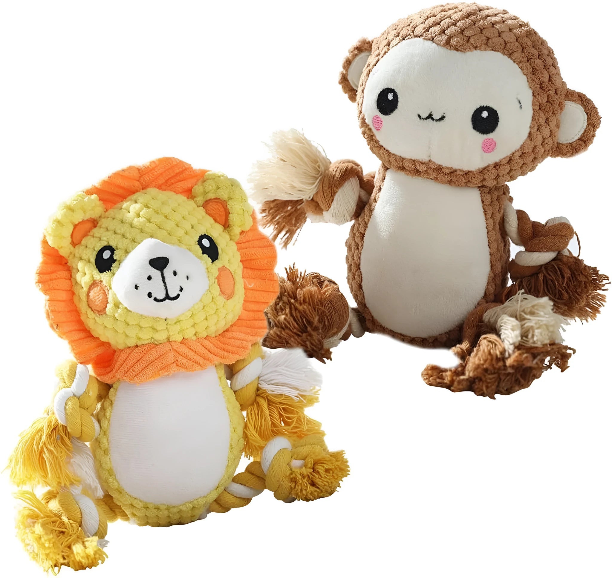 Lion and monkey plush squeaky dog toys bundle showing measured dimensions for medium to large breed dogs