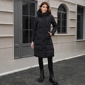 Black hooded slim-fit long jacket with a zip front and fleece lining.