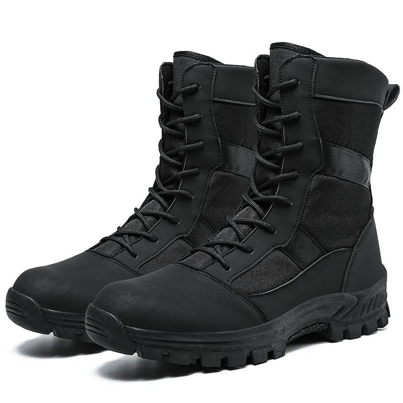 Plus size men's high-top boots in black and camouflage colours with mesh upper and totem pattern detailing