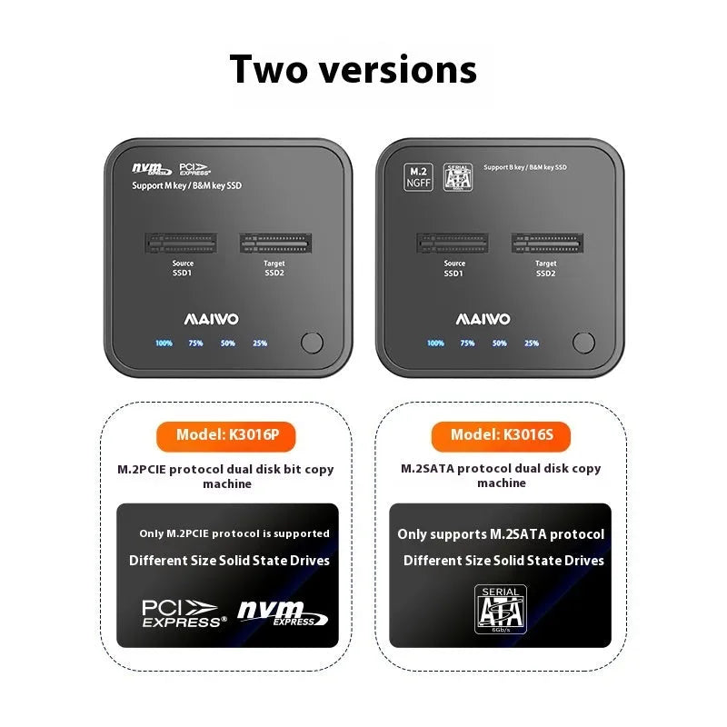 MAIWO K3016 M.2 SSD docking station with data cables and power adapter for drive cloning