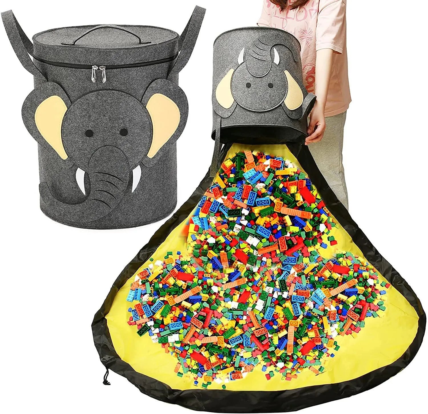 Green felt cube storage bag with pull rope closure lying flat as a play mat.