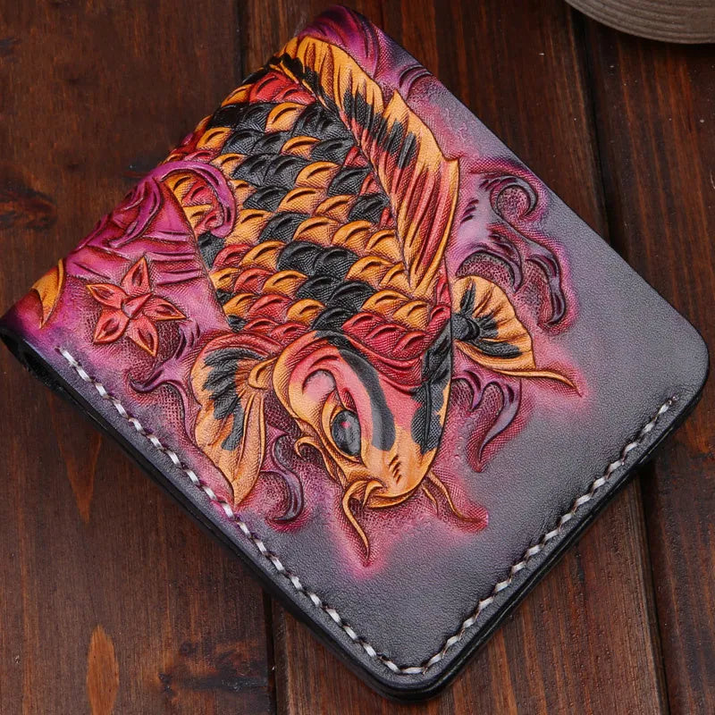 Hand-carved genuine cowhide leather short wallet in red blue gold colours showing open closure
