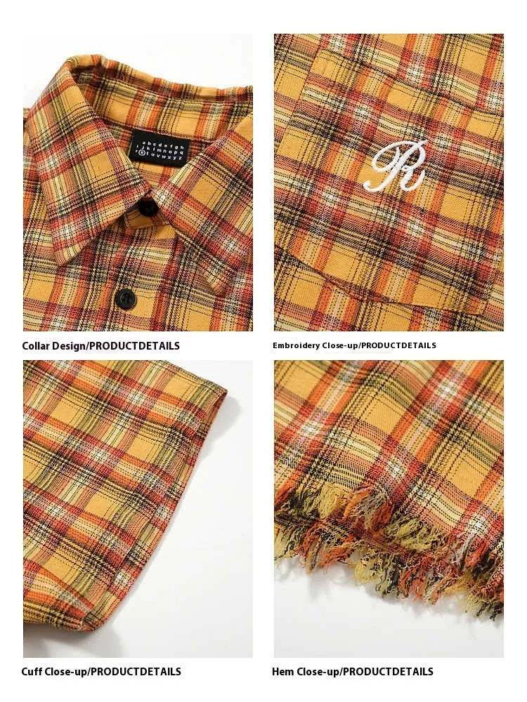 Yellow grid patterned plaid shirt with American embroidery pocket and short sleeves