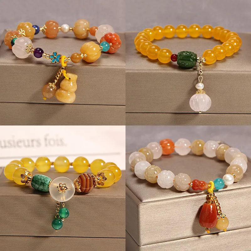Yellow agate crystal women's bracelet with gold silk detailing, Japanese and South Korean style