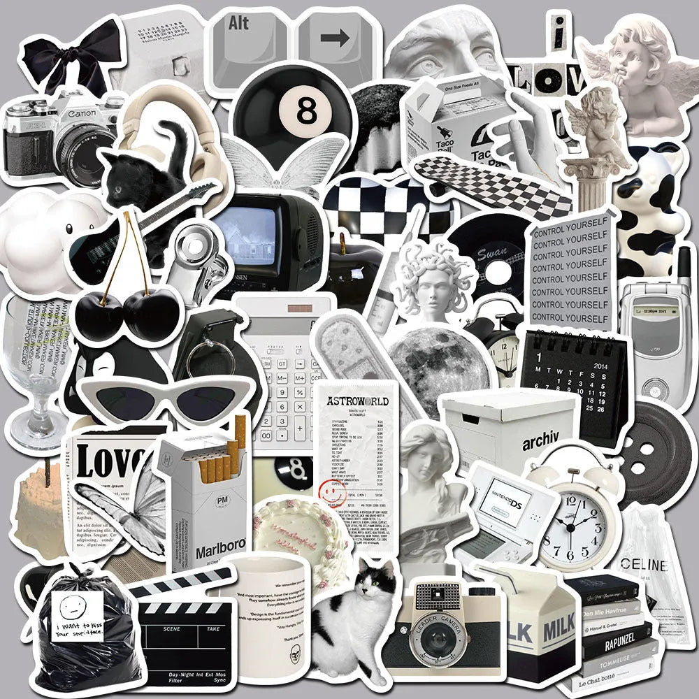 61-piece black and white PVC waterproof stickers for laptops and coffee cup painting
