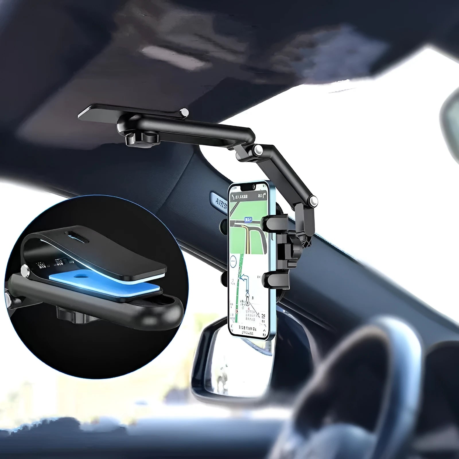 Car mount sun visor with buckle clip attached to vehicle sun visor providing rear seat shade