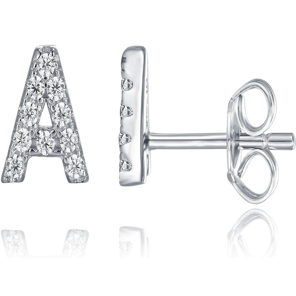 Gold plated alphabet letter earrings showing all 26 English letters A to Z with zircon detailing