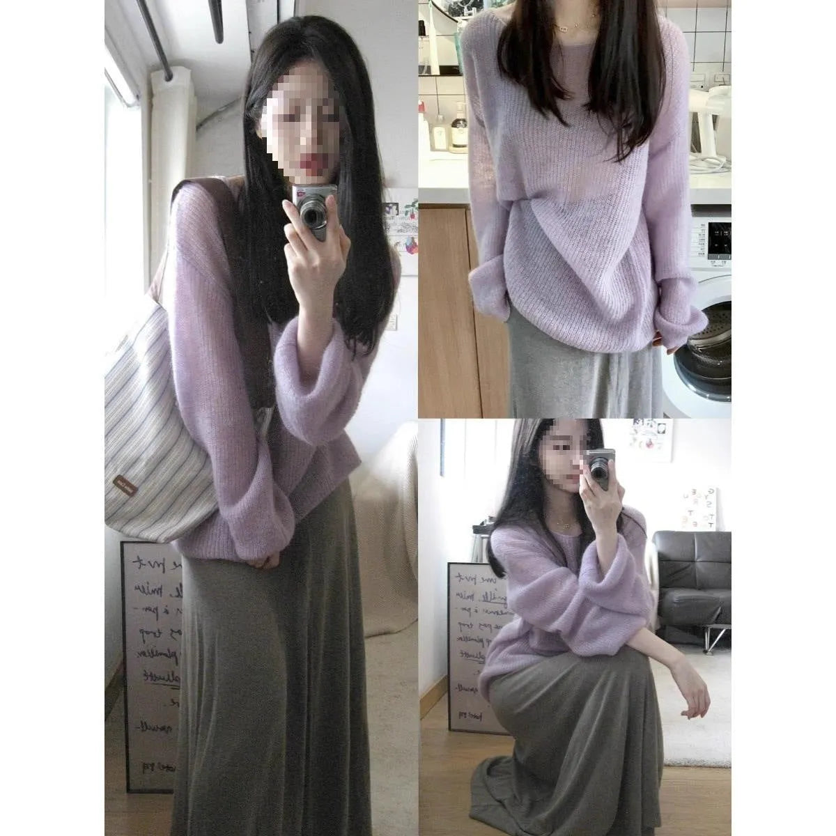 Purple ice silk blouse with round neck, princess sleeves, and hollow-out design details