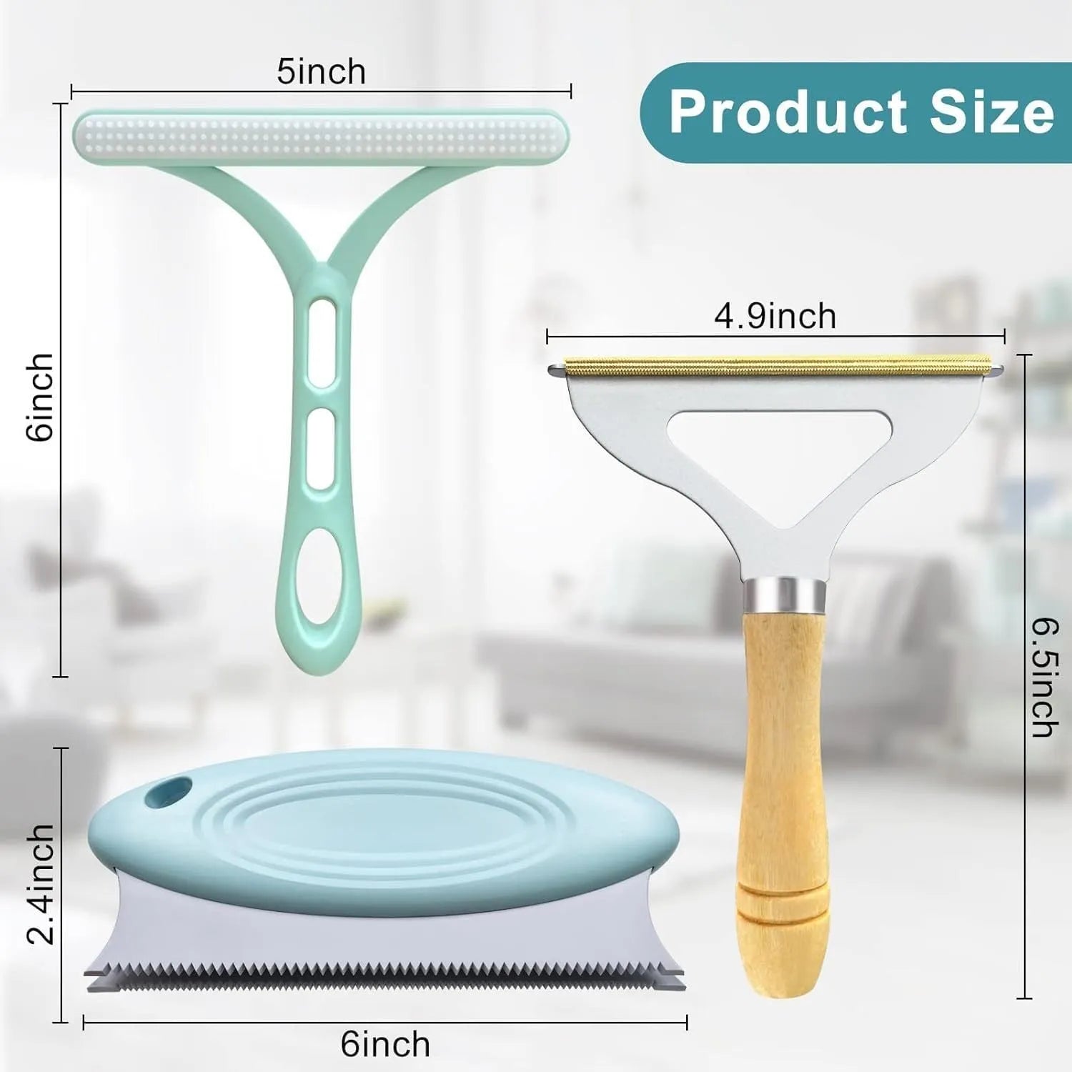 Three-piece pet hair remover set with metal tool, silicone brush, and round cleaner on a fabric surface.