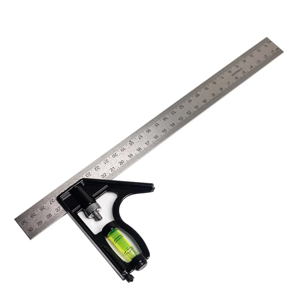 Red metal combination angle ruler with metric measurements and transparent storage bag