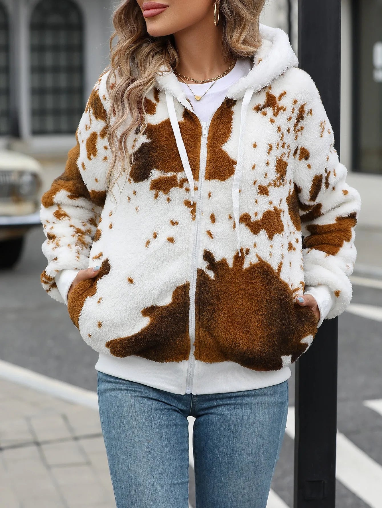 Yellow brown cow animal print plush hooded cardigan jacket for men with zip front.