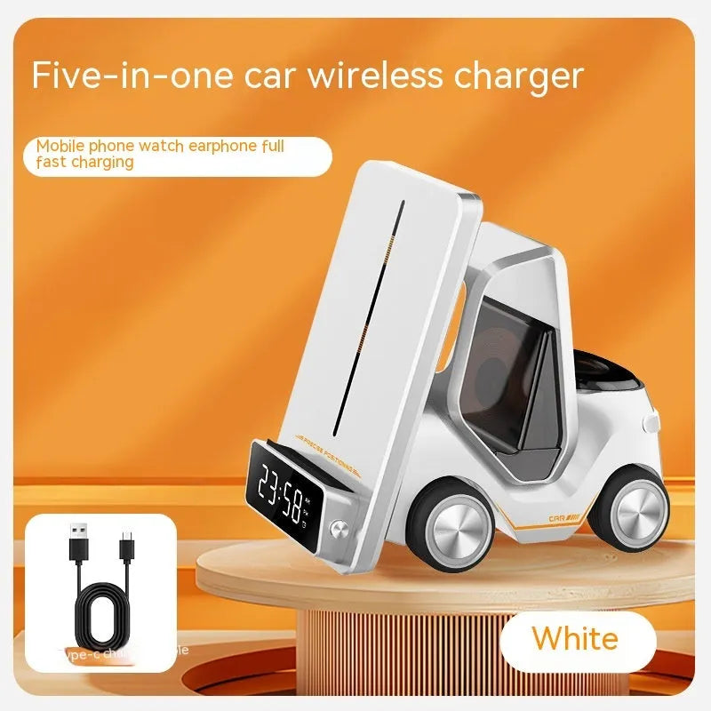 Grey 15W three-in-one wireless charging stand holding a phone, watch, and earbuds