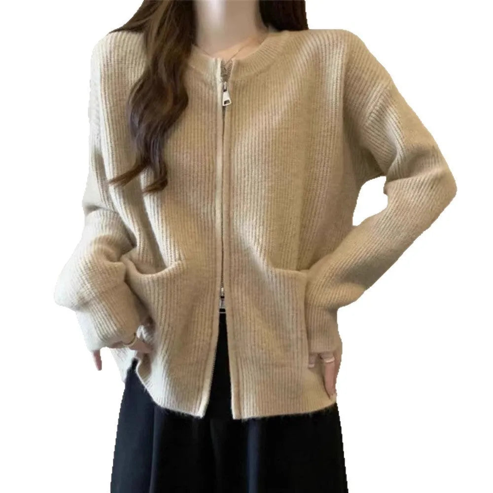 Women's beige viscose sweater coat with long sleeves and cardigan front