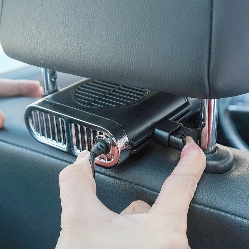 Black car seat cooling fan mounted on seat pillow rod with 3-speed adjustable USB and 50-inch cable