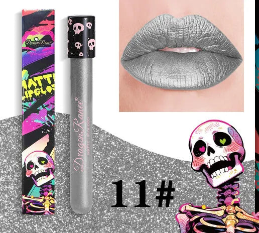 DR160 series Halloween lip gloss in a gold and silver matte finish, packaged in a skull-shaped test tube.