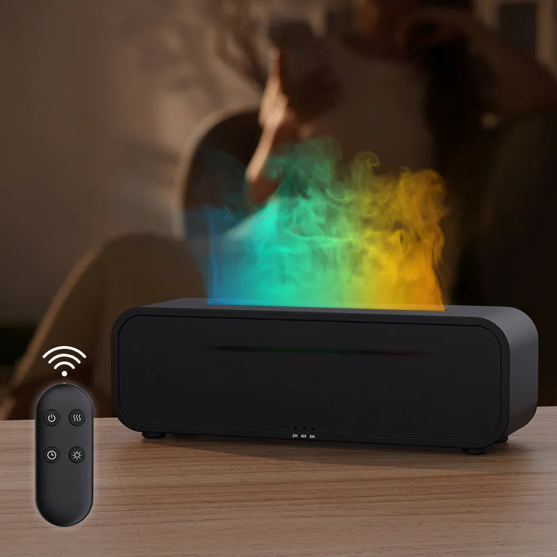 Black USB aroma diffuser with colour-changing LED lights and remote control on a wooden table.
