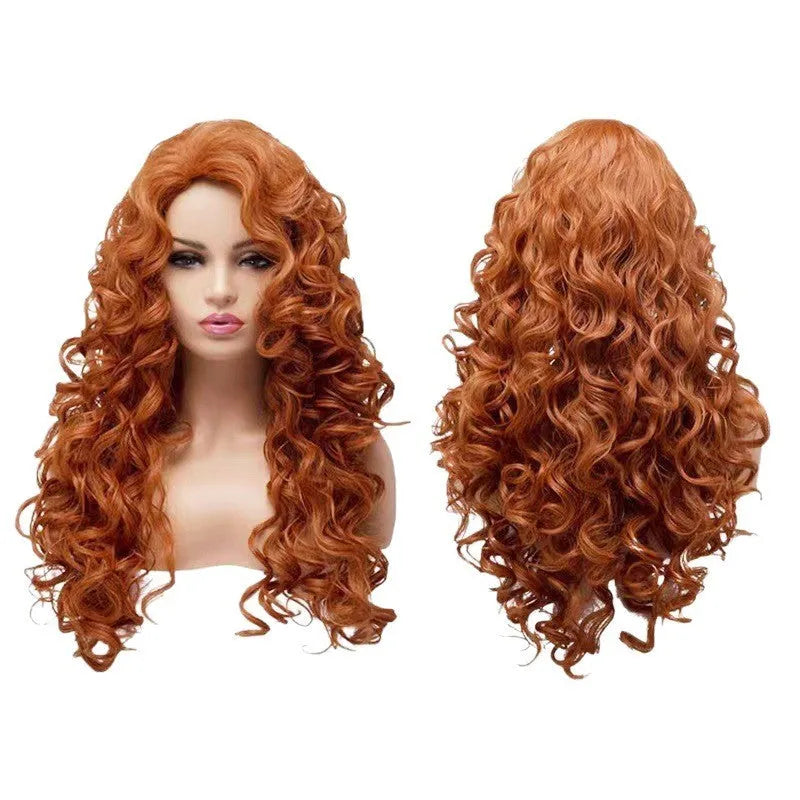 Brown long wavy curly synthetic wig on a wig head, for cosplay or Halloween.