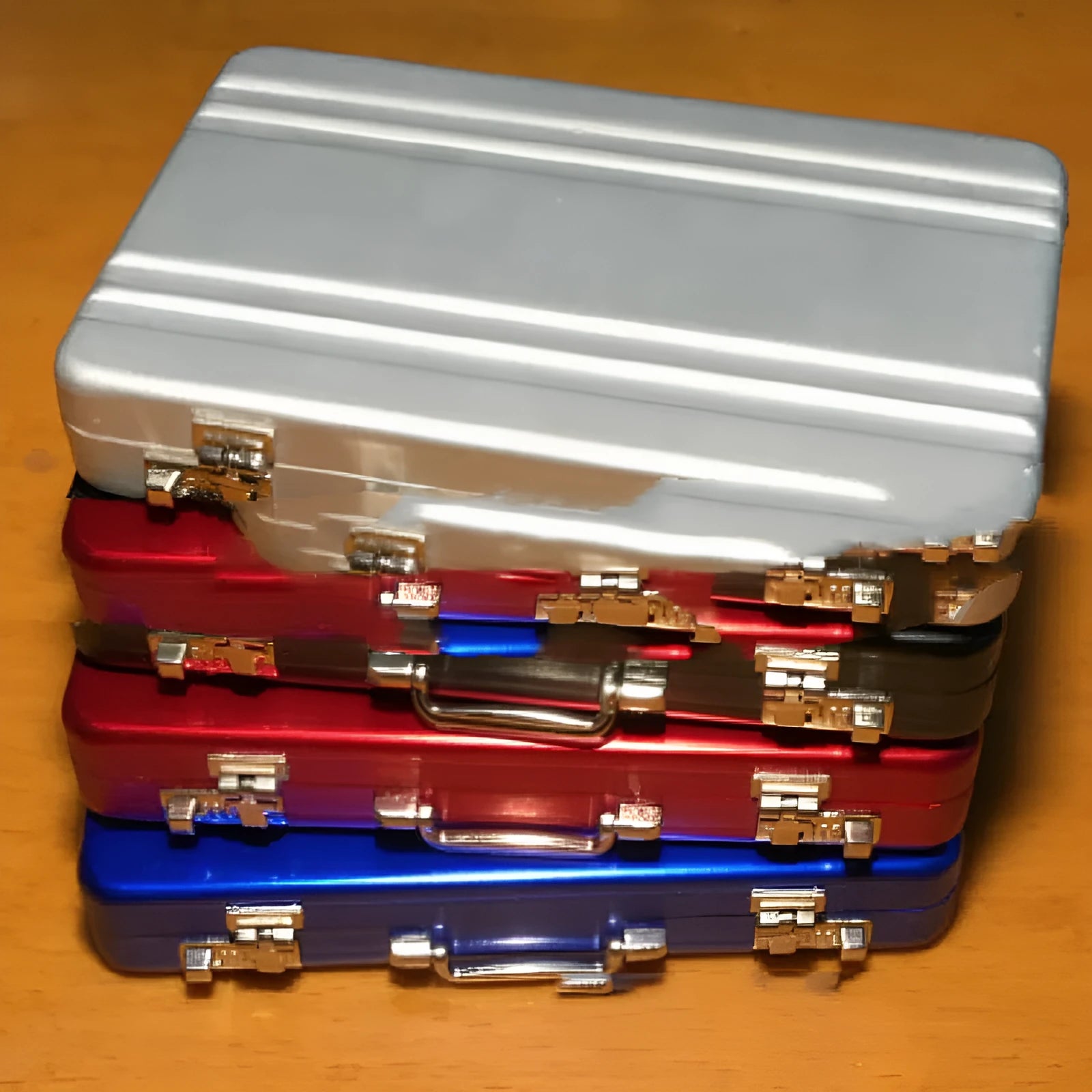 Aluminium alloy metal card holder in six colour options showing compact size.