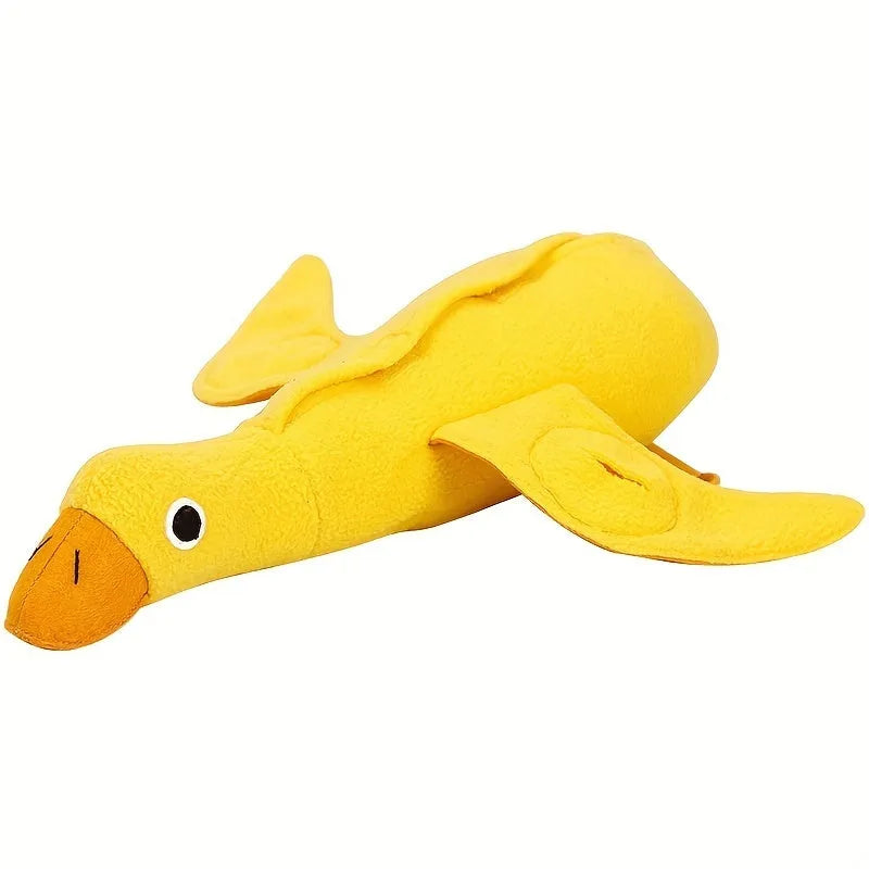 Yellow bone-shaped dog training toy with built-in duck sound chip and treat leakage compartments