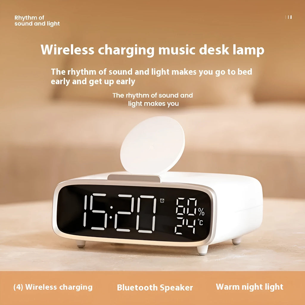White wireless charger Bluetooth speaker with night light functionality on wooden surface