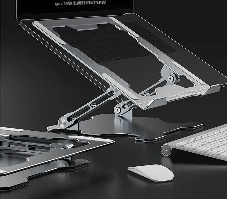 Grey aluminum laptop stand with adjustable angle and hollow heat dissipation design