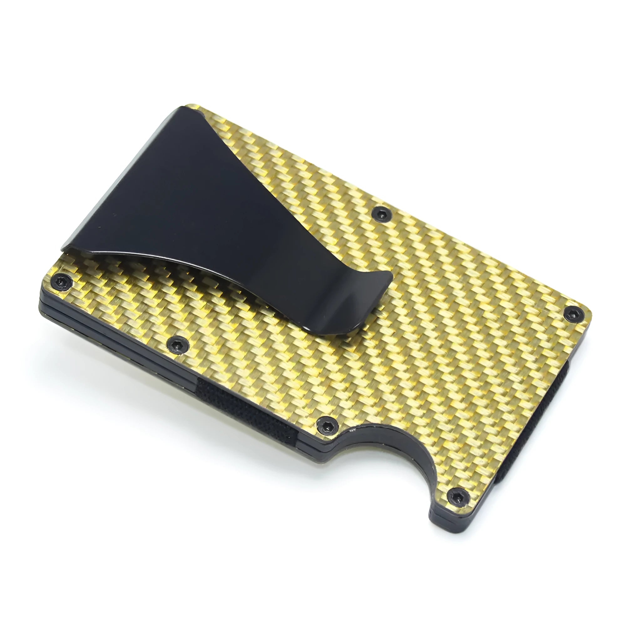 Geometric carbon fibre business card holder showing 8mm thickness with multiple colour finish options