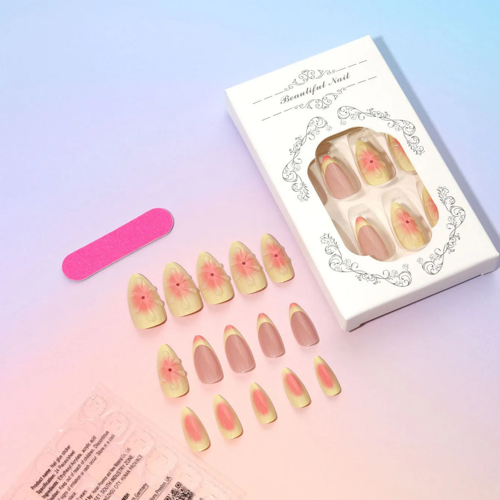 Artificial nails set with 3D cartoon flower plastic armour and jelly adhesive
