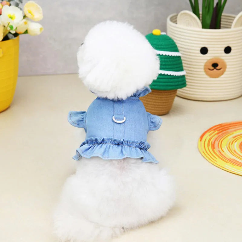 Blue denim pet dress with ruffled vest styling and leash hook for dogs or cats